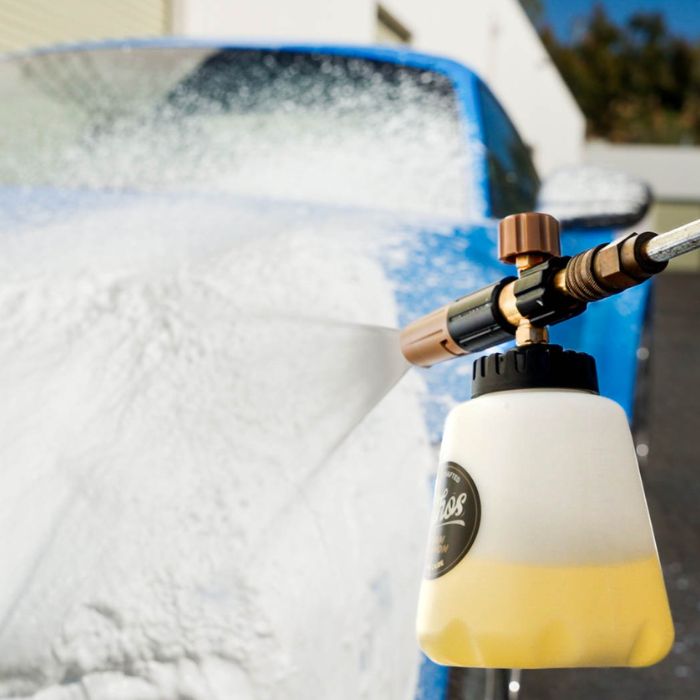 Foam Cannon Pro V2 covering a car in snow foam