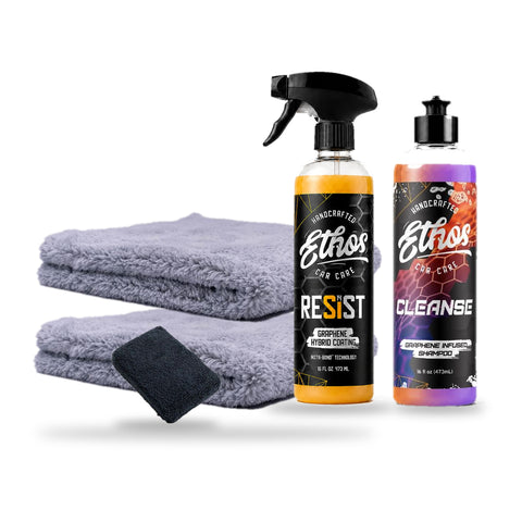 Ethos Wash & Coat Starter Kit: Cleanse Graphene Car Shampoo 16oz, RESIST Graphene Spray Coating 16oz, two Plush 470 microfiber towels and a microfiber applicator