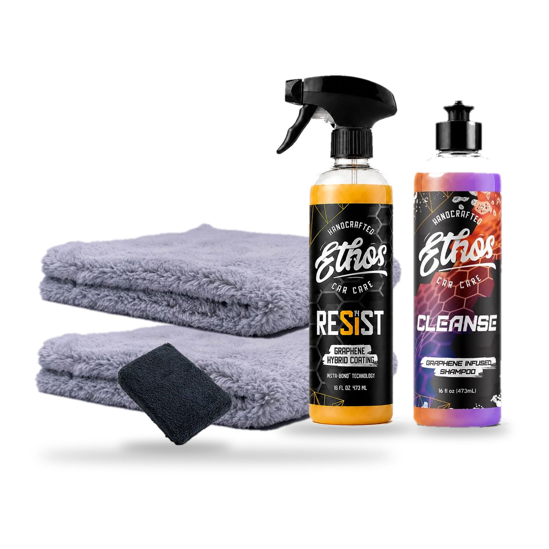 Ethos Wash & Coat Starter Kit: Cleanse Graphene Car Shampoo 16oz, RESIST Graphene Spray Coating 16oz, two Plush 470 microfiber towels and a microfiber applicator