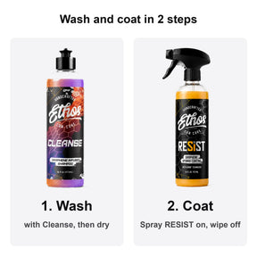 Wash and coat in 2 steps: wash with Cleanse and dry, then spray RESIST on and wipe off