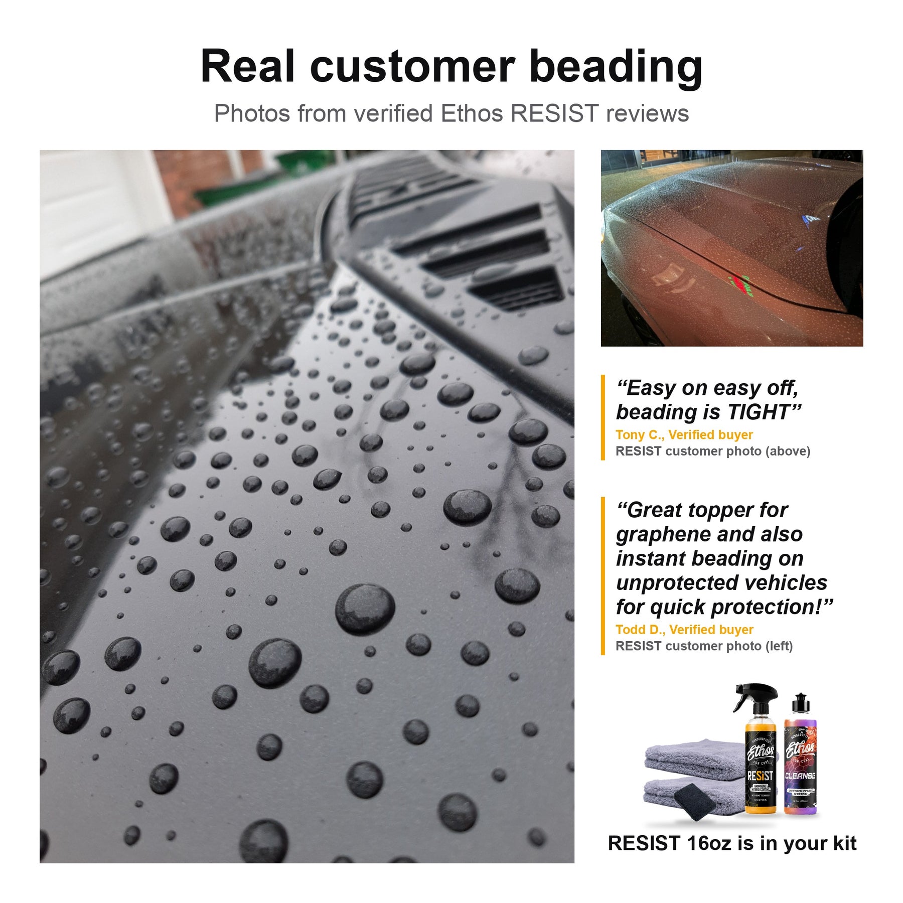 Real customer beading on RESIST: verified Ethos buyer photos from Todd D. and Tony C. with their review quotes; RESIST 16oz is in your kit